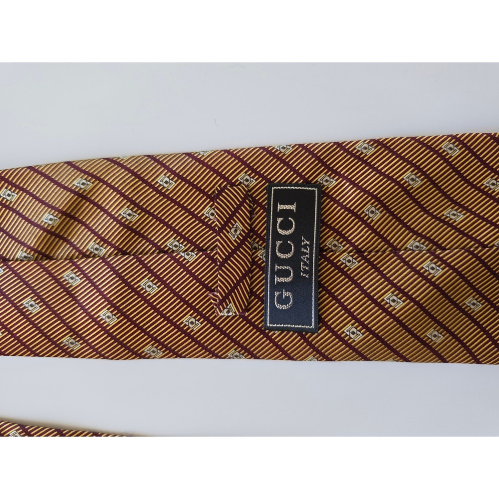 GUCCI 100% Silk Italy Preppy Old Money Maximalist Geometric Striped Tan Tie - Picture 7 of 8